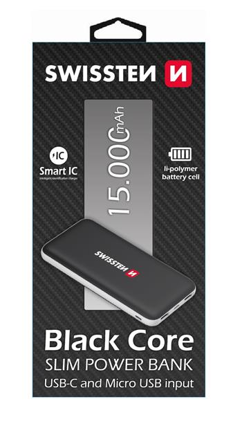 Power Bank SWISSTEN Black Core Slim 15000 mAh USB-C input